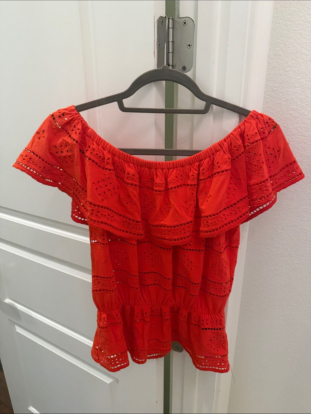 bebe Red Off-Shoulder Eyelet Ruffle Tunic